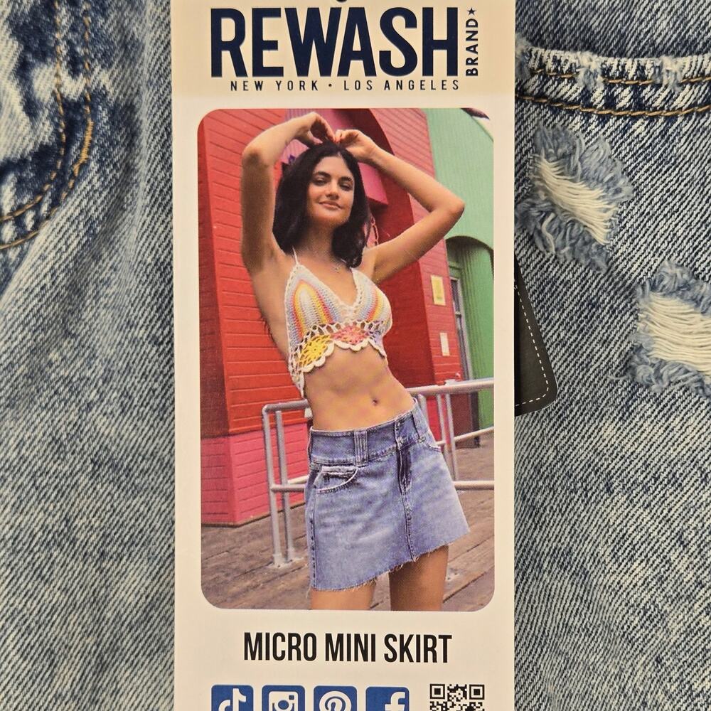 Rewash Micro Mini Skirt Light Blue Denim Distressed Raw Hem Size 0 (24) NEW MOTO